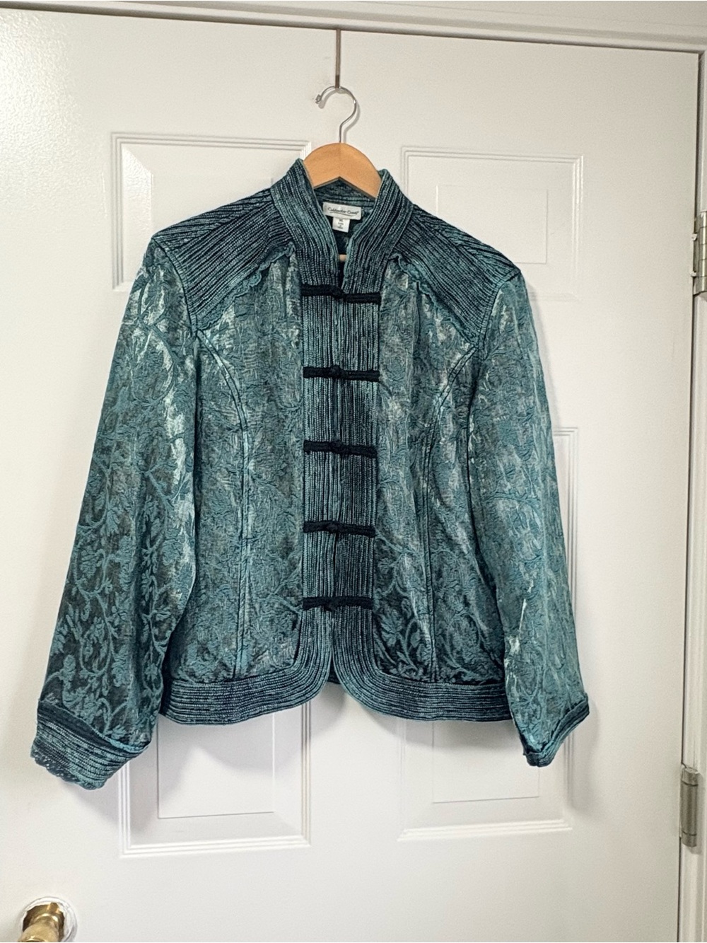 Vintage-Inspired Teal Brocade Jacket with Mandarin Collar Size XL